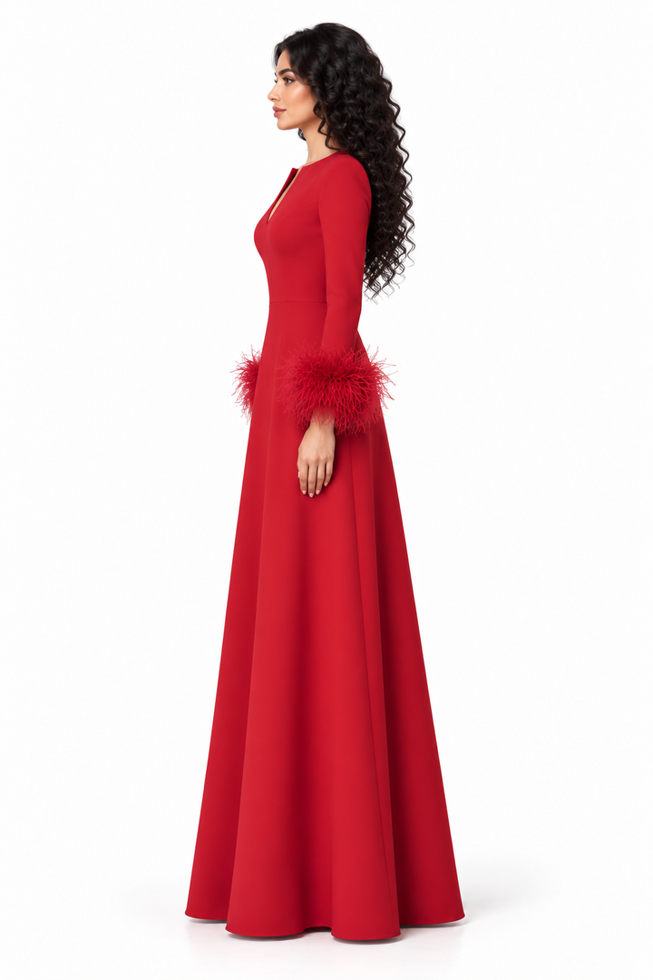 Feather Cuff Long Sleeve Evening Gown - Prestige