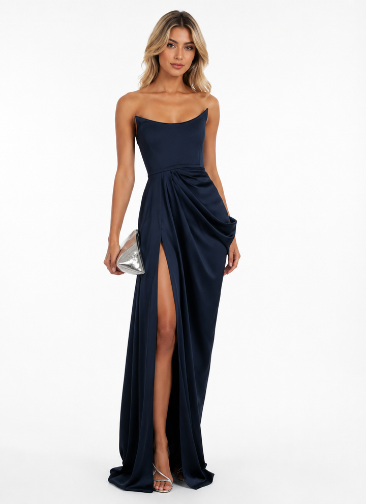 Strapless Draped Satin Gown – Midnight