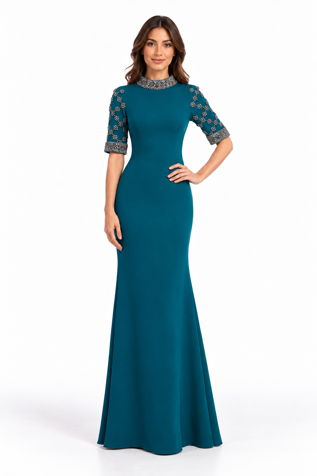 Teal Crystal Embellished Mermaid Maxi Dress - Sapphire