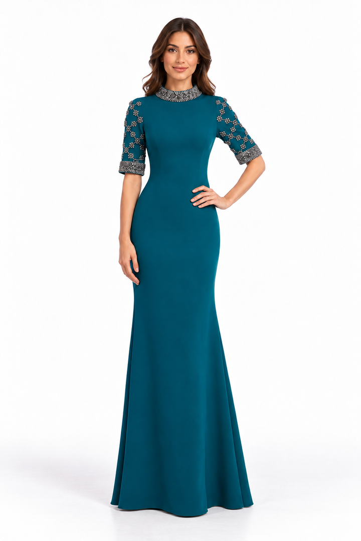 Teal Crystal Embellished Mermaid Maxi Dress - Sapphire