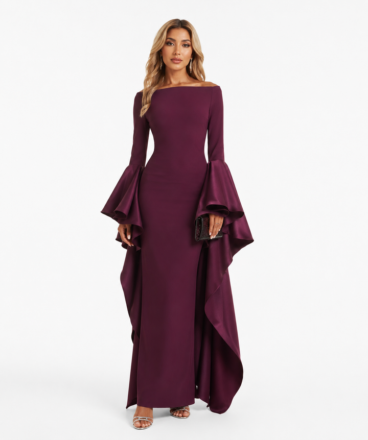 Dramatic Ruffle-Sleeve Gown - Merlot