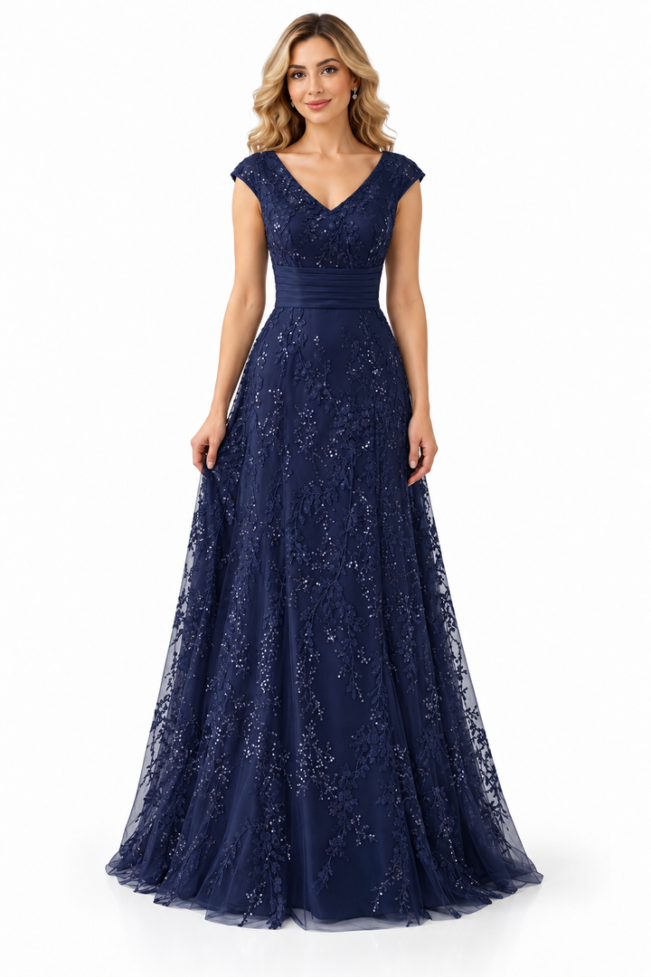 Embellished V-Neck Lace Evening Gown - Sapphire
