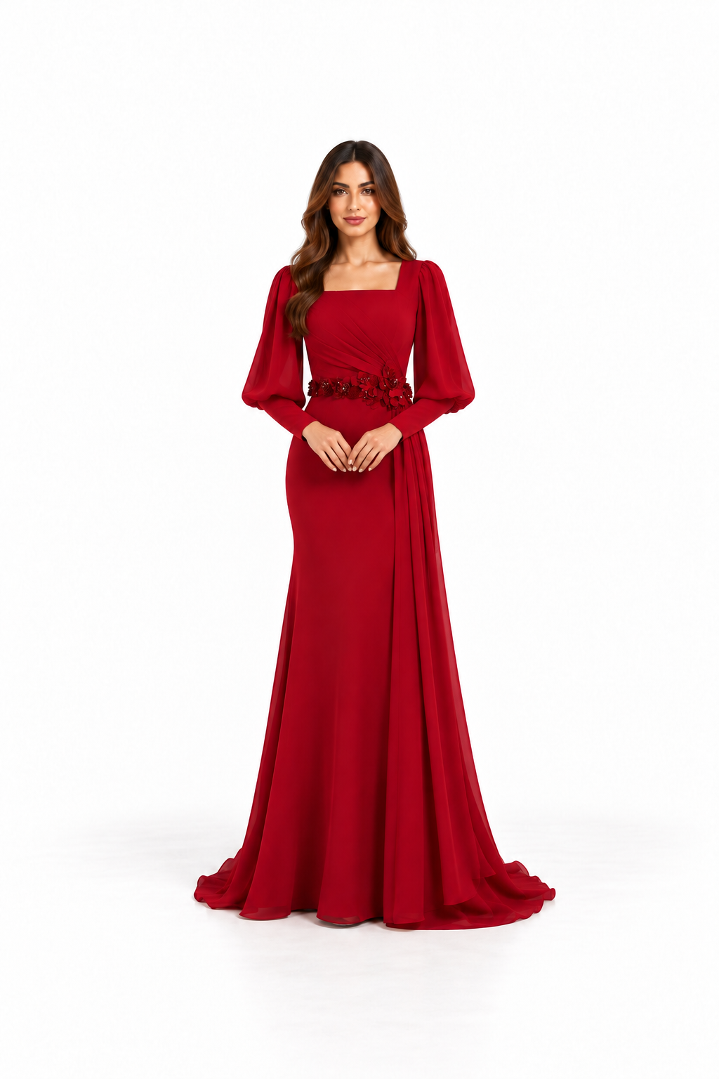 Ruby Red Embellished Puff Sleeve Maxi Dress - Rosalie