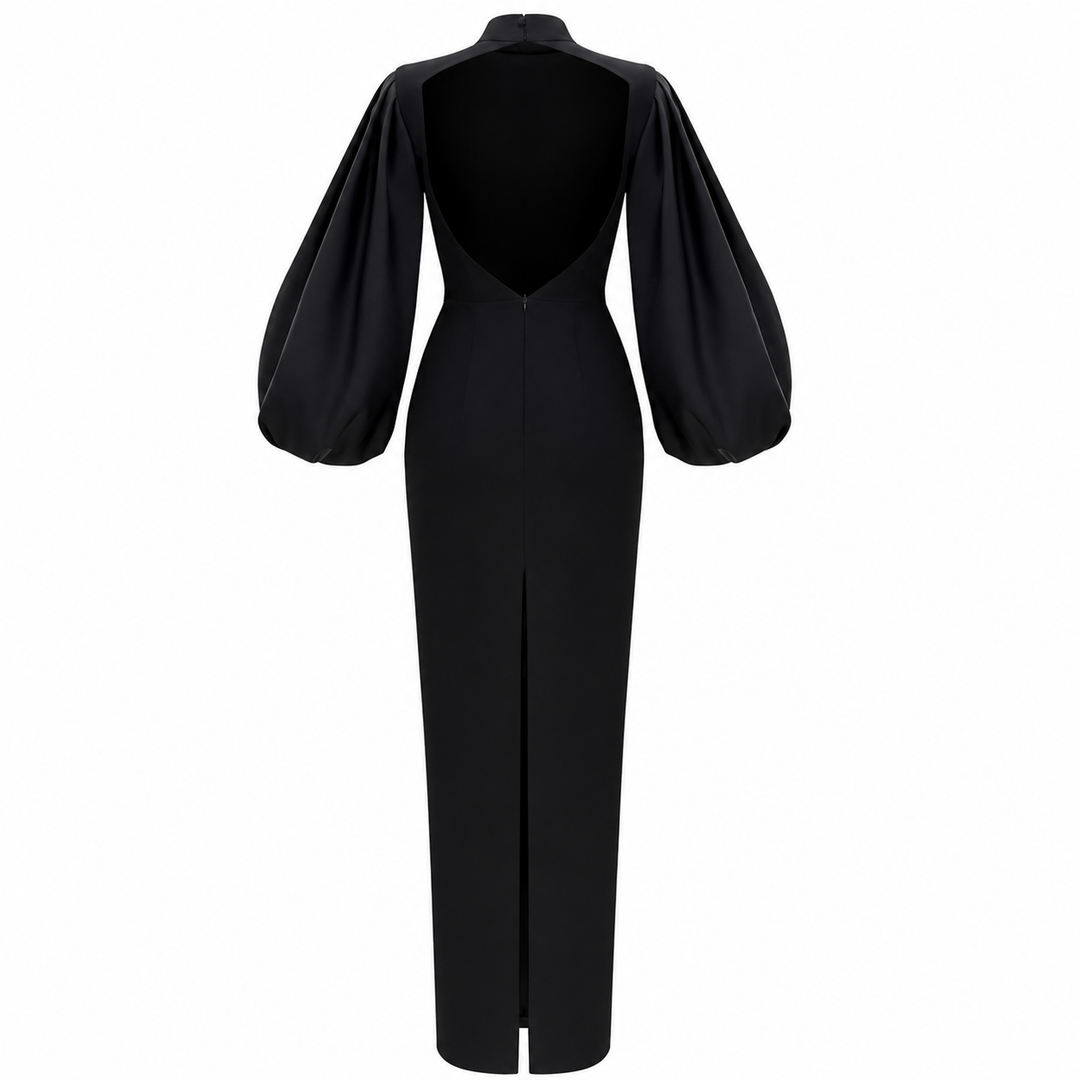 High-Neck Balloon-Sleeve Gown – Noir