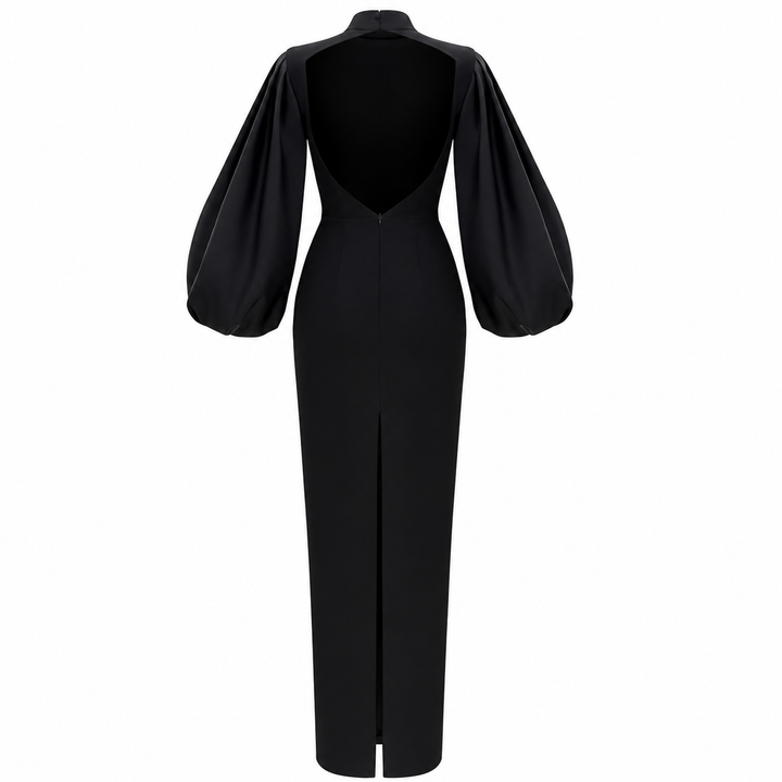 High-Neck Balloon-Sleeve Gown – Noir