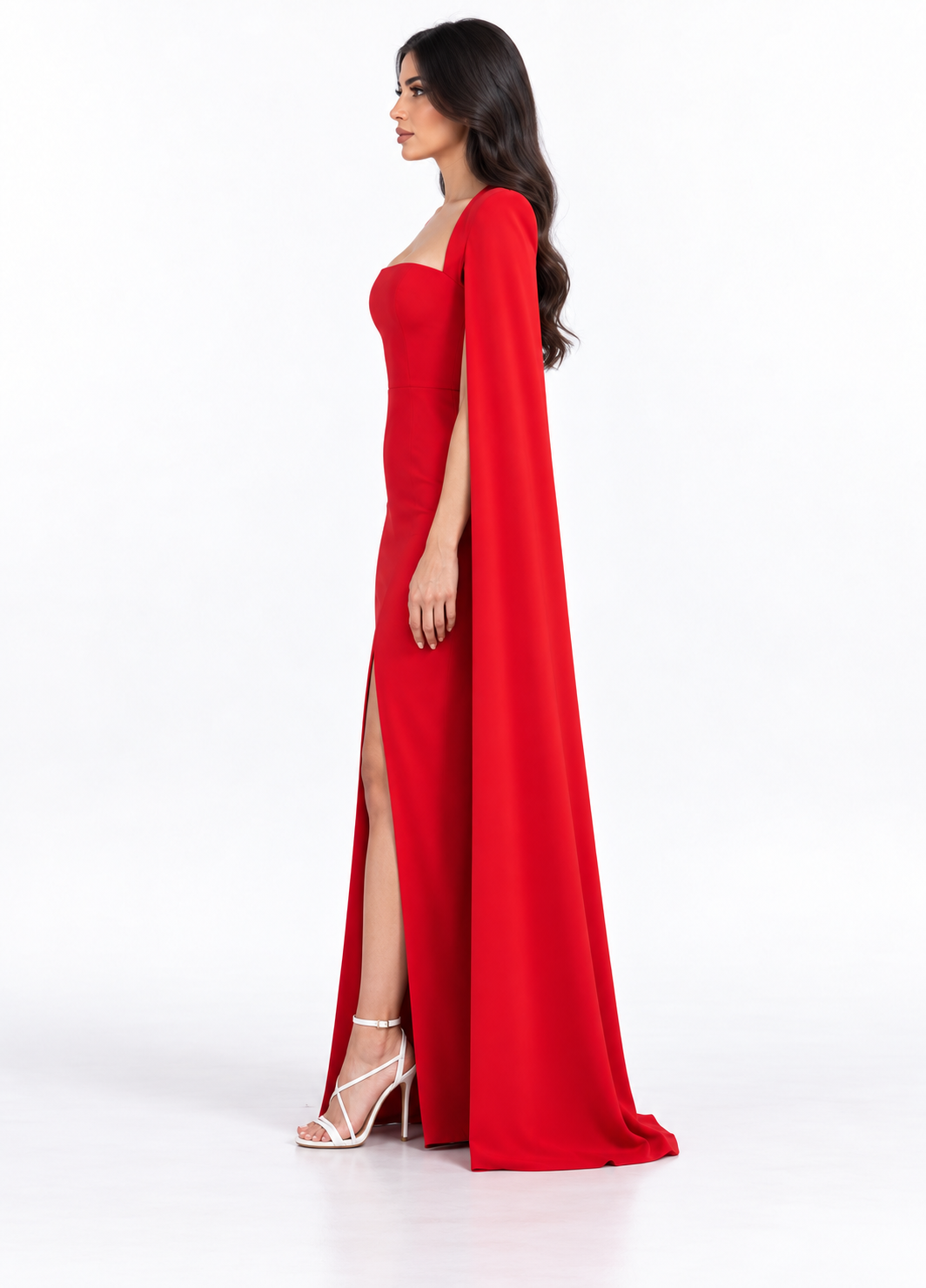 Red Strapless Cape Maxi Dress - Ruby