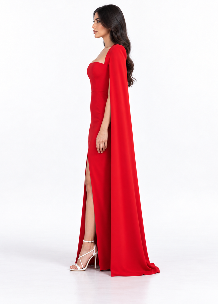 Red Strapless Cape Maxi Dress - Ruby