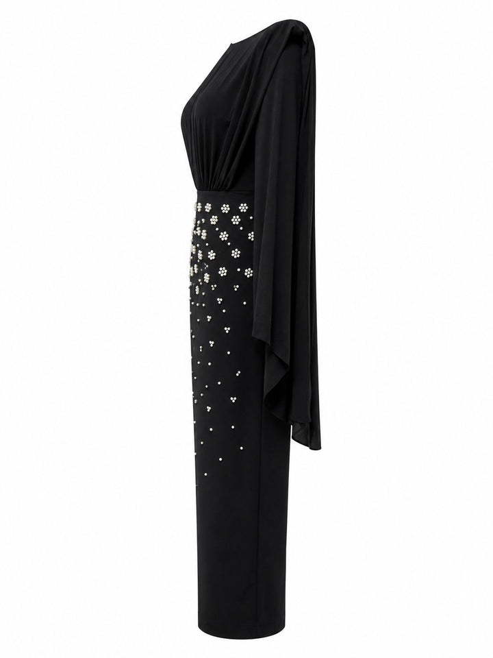 Pearl Embellished Cape Sleeve Midi Dress - Glam