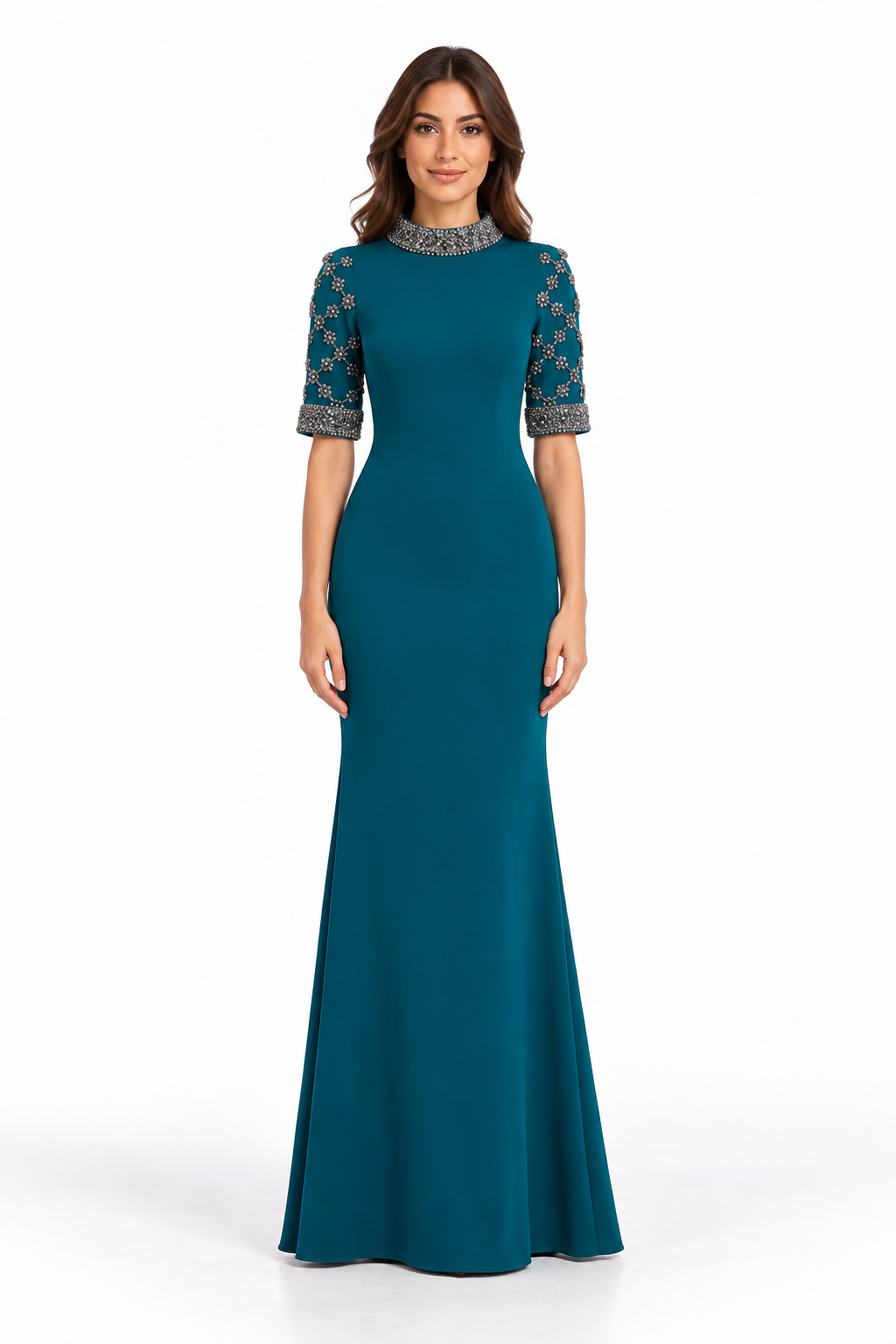 Teal Crystal Embellished Mermaid Maxi Dress - Sapphire