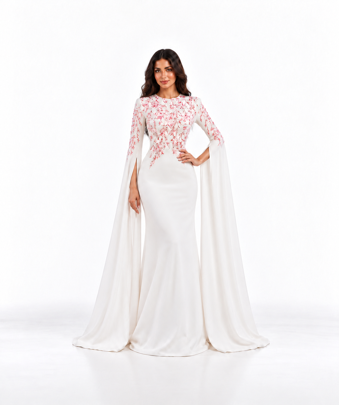 Ivory Pink Floral Embroidered Cape Maxi Dress - Rosella
