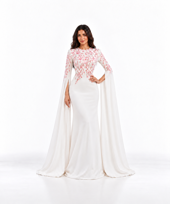 Ivory Pink Floral Embroidered Cape Maxi Dress - Rosella