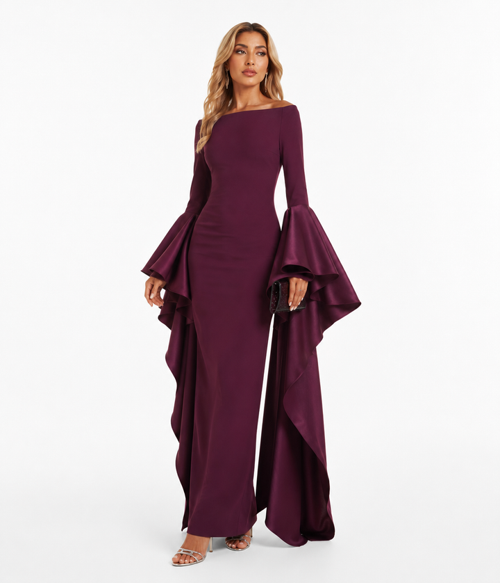 Dramatic Ruffle-Sleeve Gown - Merlot