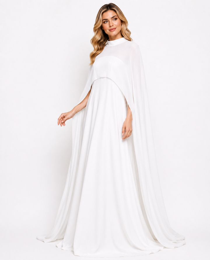 White High-Neck Cape Evening Gown – Serene