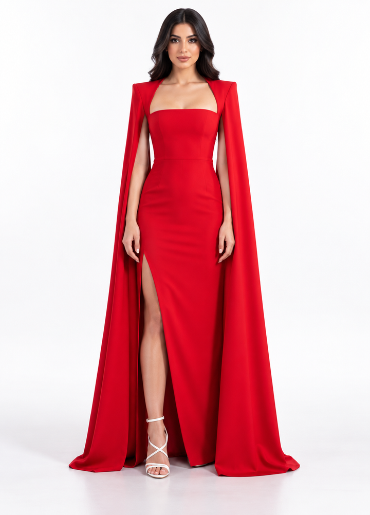 Red Strapless Cape Maxi Dress - Ruby