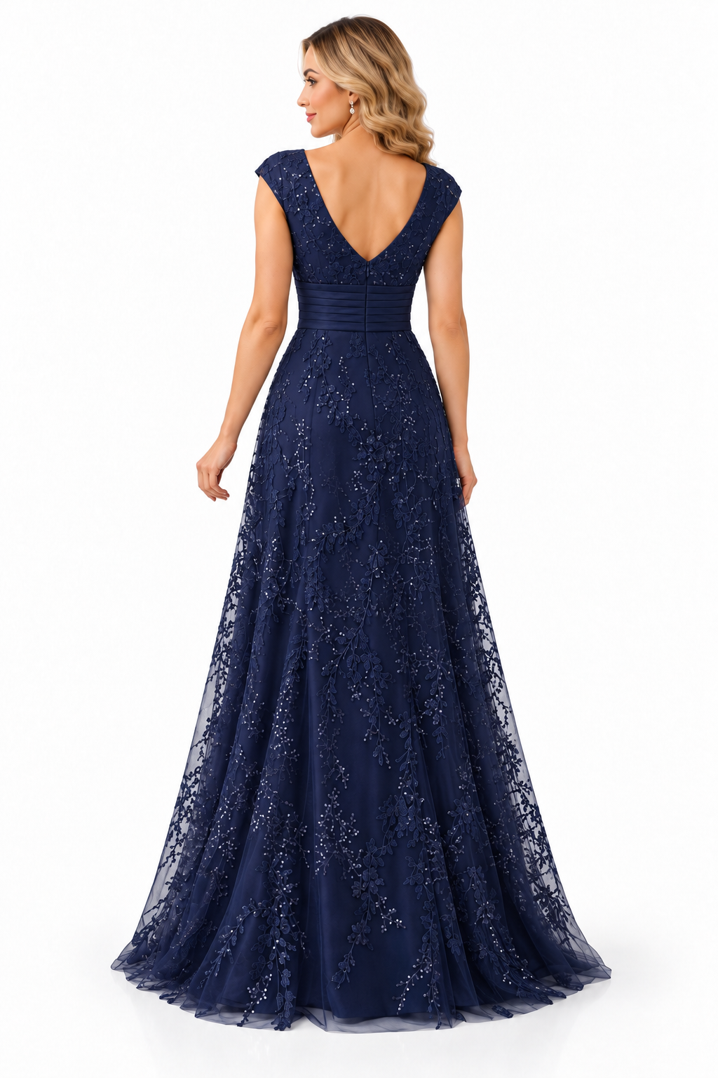 Embellished V-Neck Lace Evening Gown - Sapphire