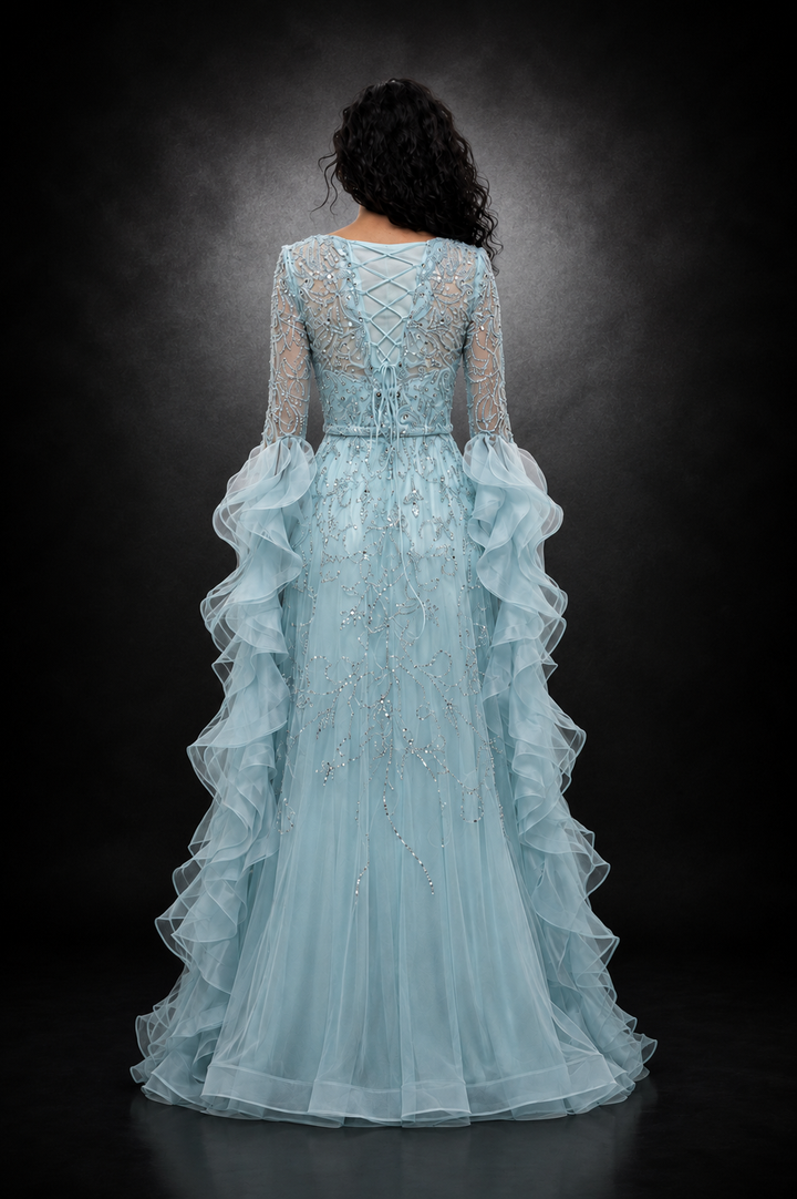 Ruffle Sleeve Crystal Gown – AQUARIA