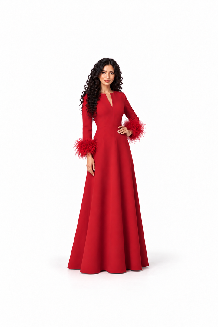 Feather Cuff Long Sleeve Evening Gown - Prestige