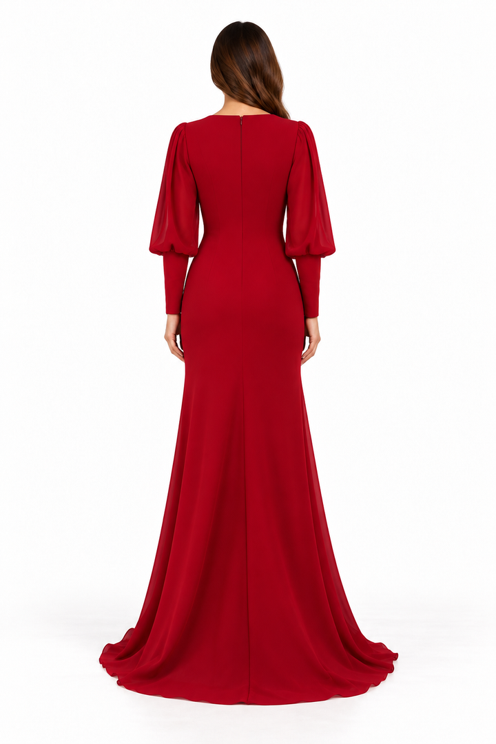 Ruby Red Embellished Puff Sleeve Maxi Dress - Rosalie