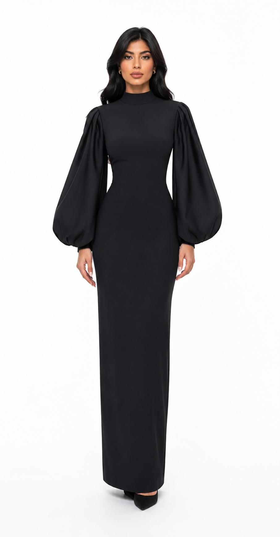 High-Neck Balloon-Sleeve Gown – Noir