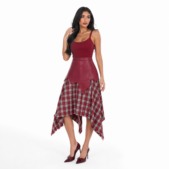 Faux Leather Plaid Handkerchief Midi Skirt - Rouge