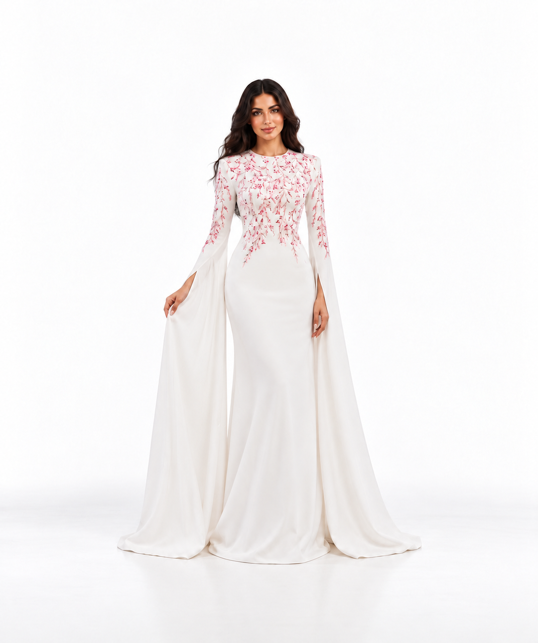 Ivory Pink Floral Embroidered Cape Maxi Dress - Rosella