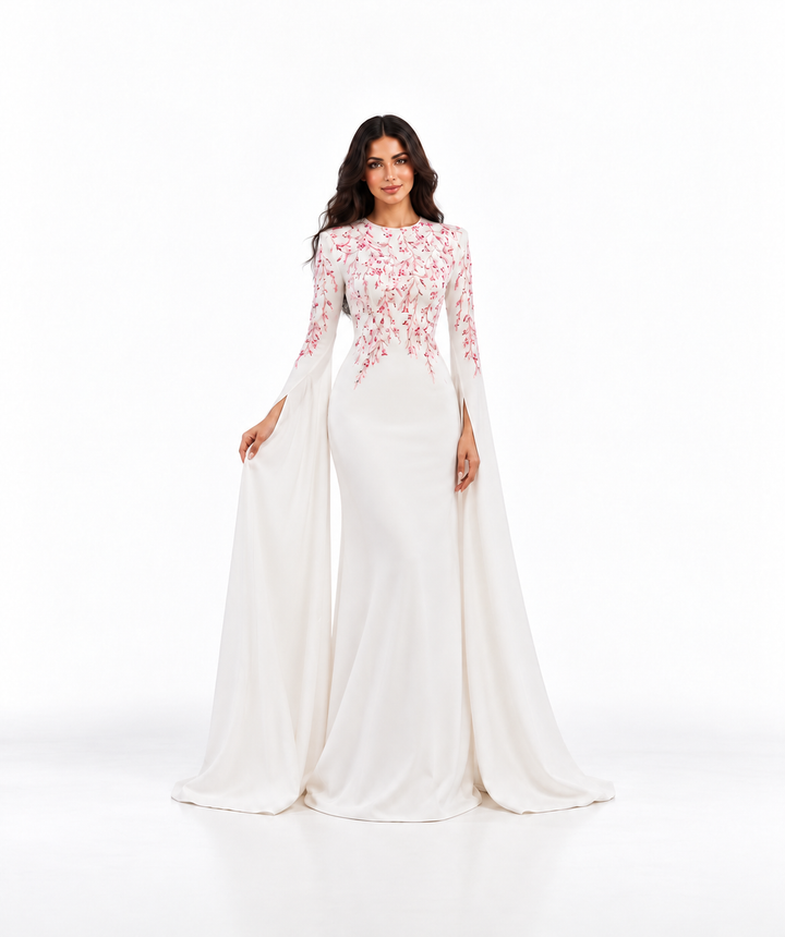 Ivory Pink Floral Embroidered Cape Maxi Dress - Rosella