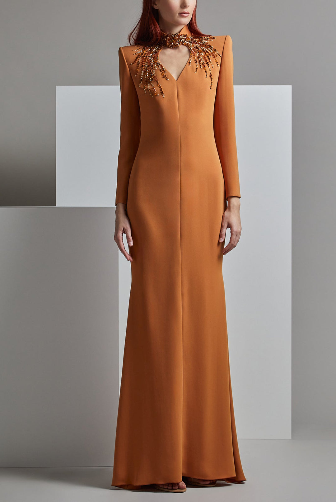 long-sleeve gown with embellished high neckline & keyhole detail – SIENNA