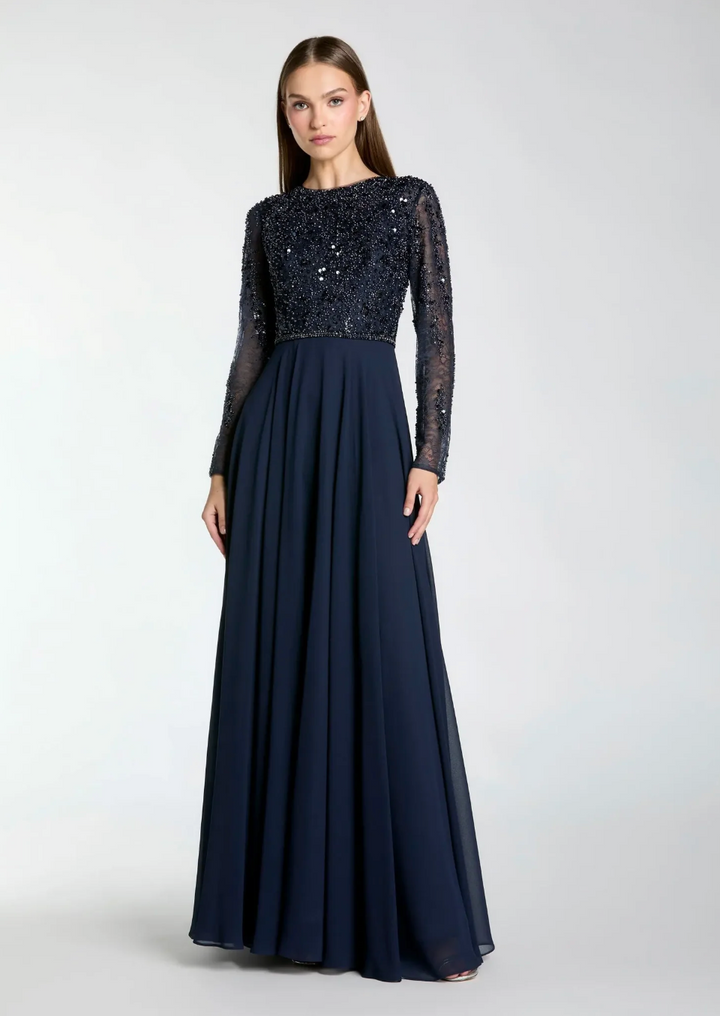 Embellished Sheer Sleeve Maxi Dress - Celestia