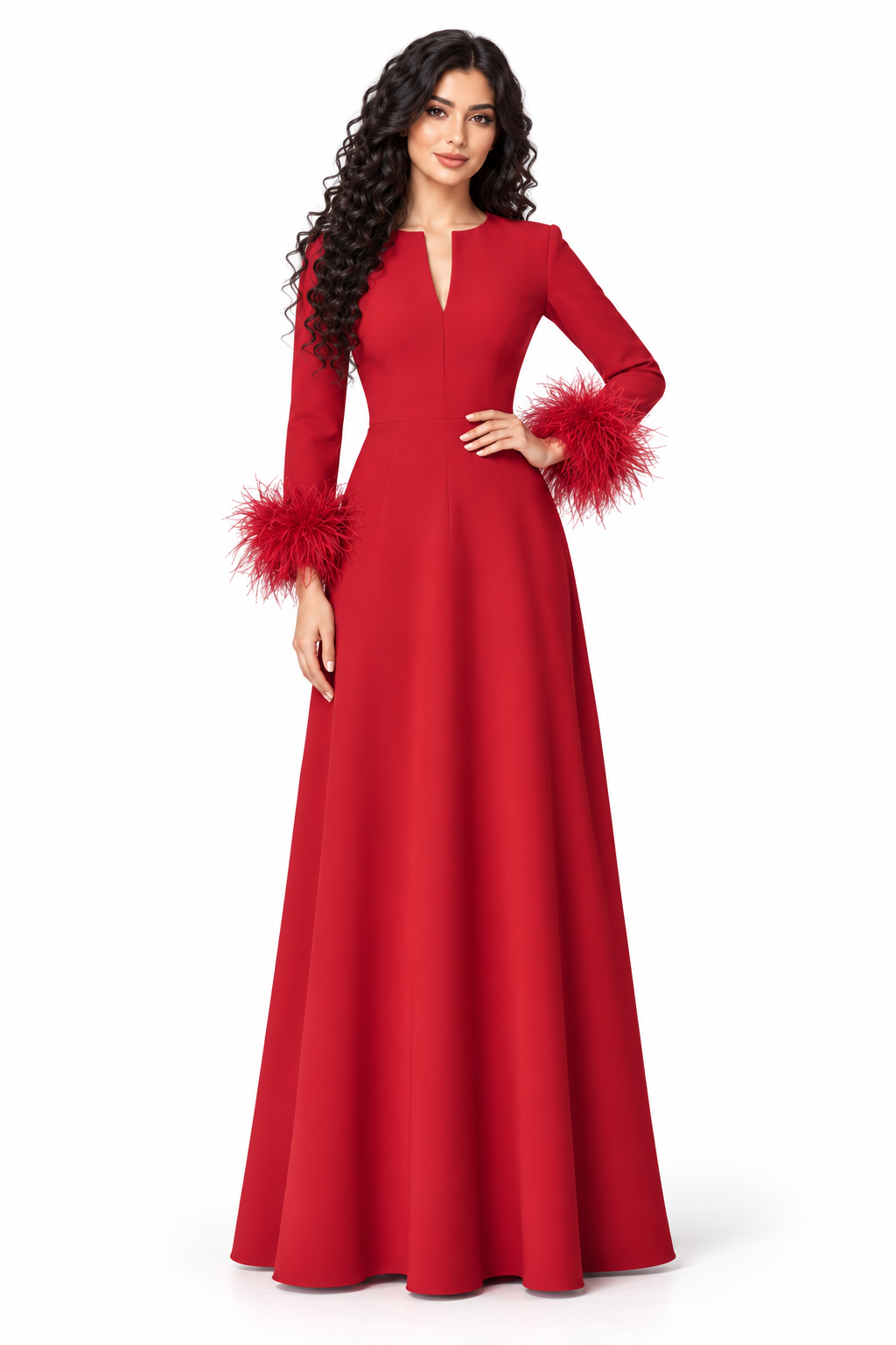 Feather Cuff Long Sleeve Evening Gown - Prestige