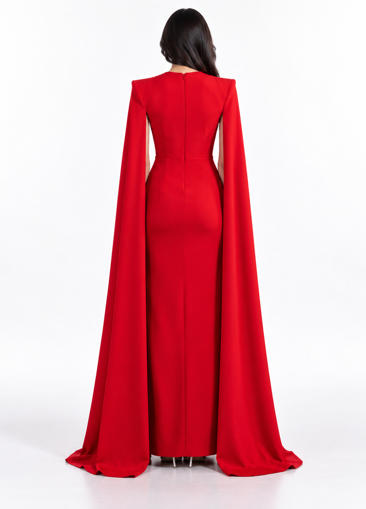 Red Strapless Cape Maxi Dress - Ruby