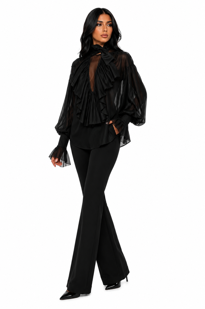 Ruffled Balloon-Sleeve Blouse – Midnight