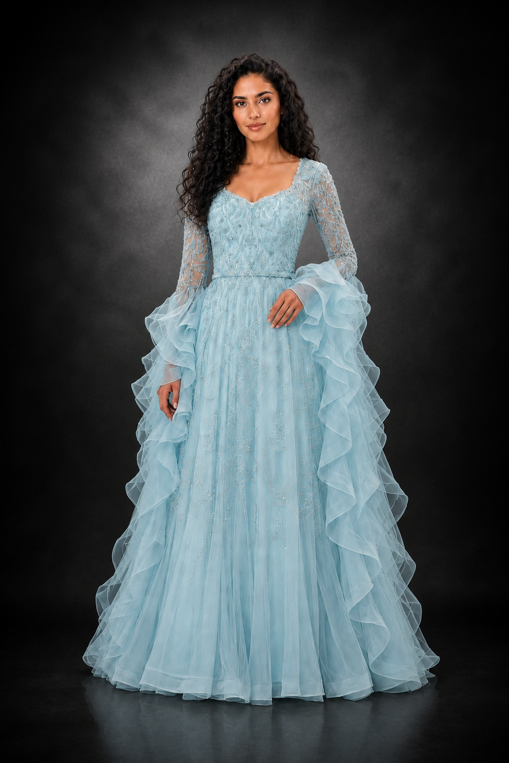 Ruffle Sleeve Crystal Gown – AQUARIA