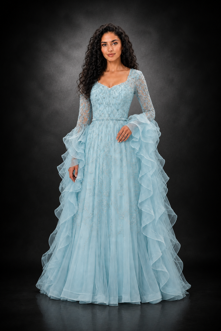 Ruffle Sleeve Crystal Gown – AQUARIA