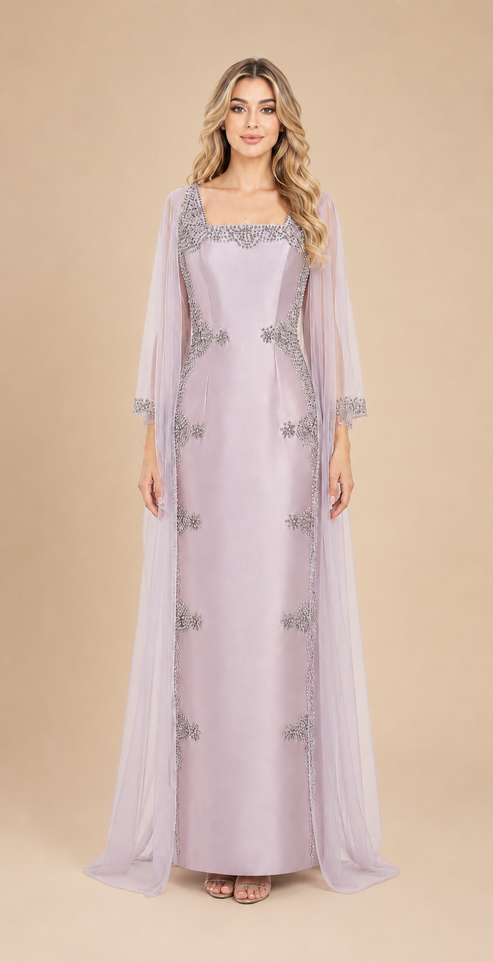 Embellished Cape Evening Gown – SERAPHINE