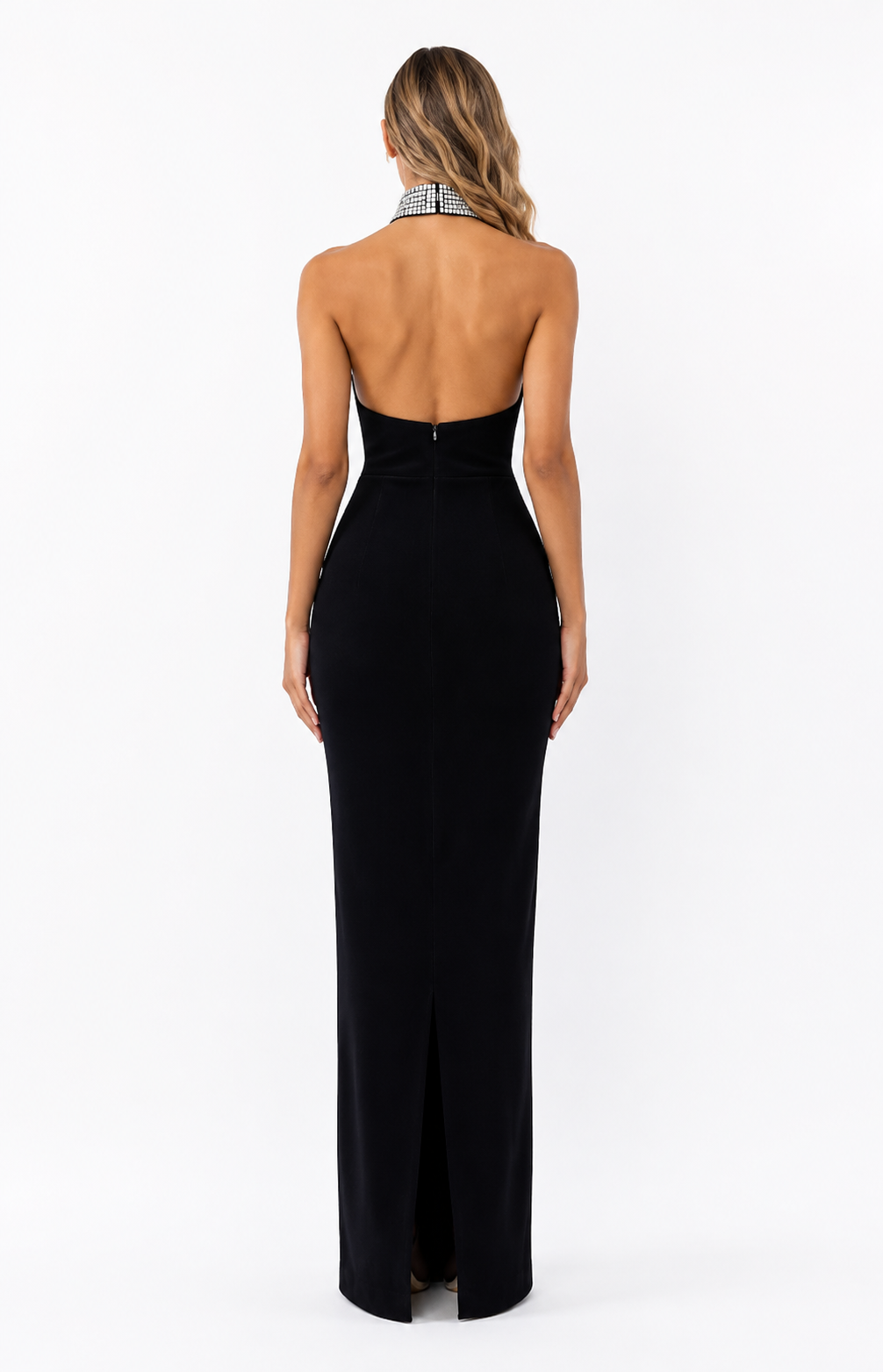 Embellished Halter Column Gown – Obsidian