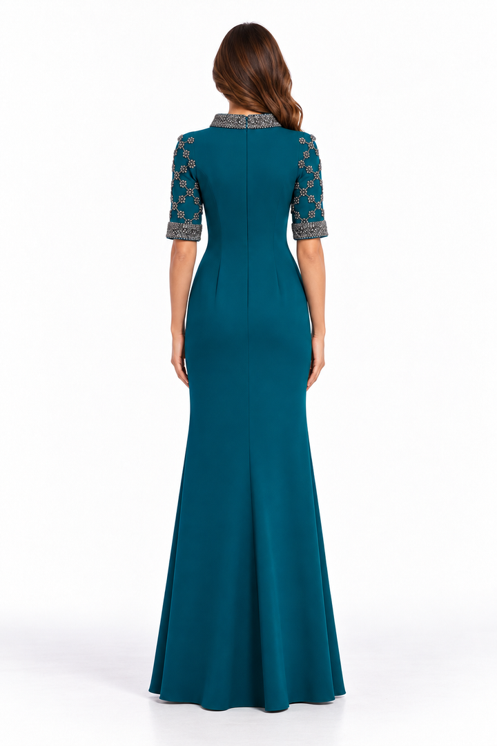Teal Crystal Embellished Mermaid Maxi Dress - Sapphire