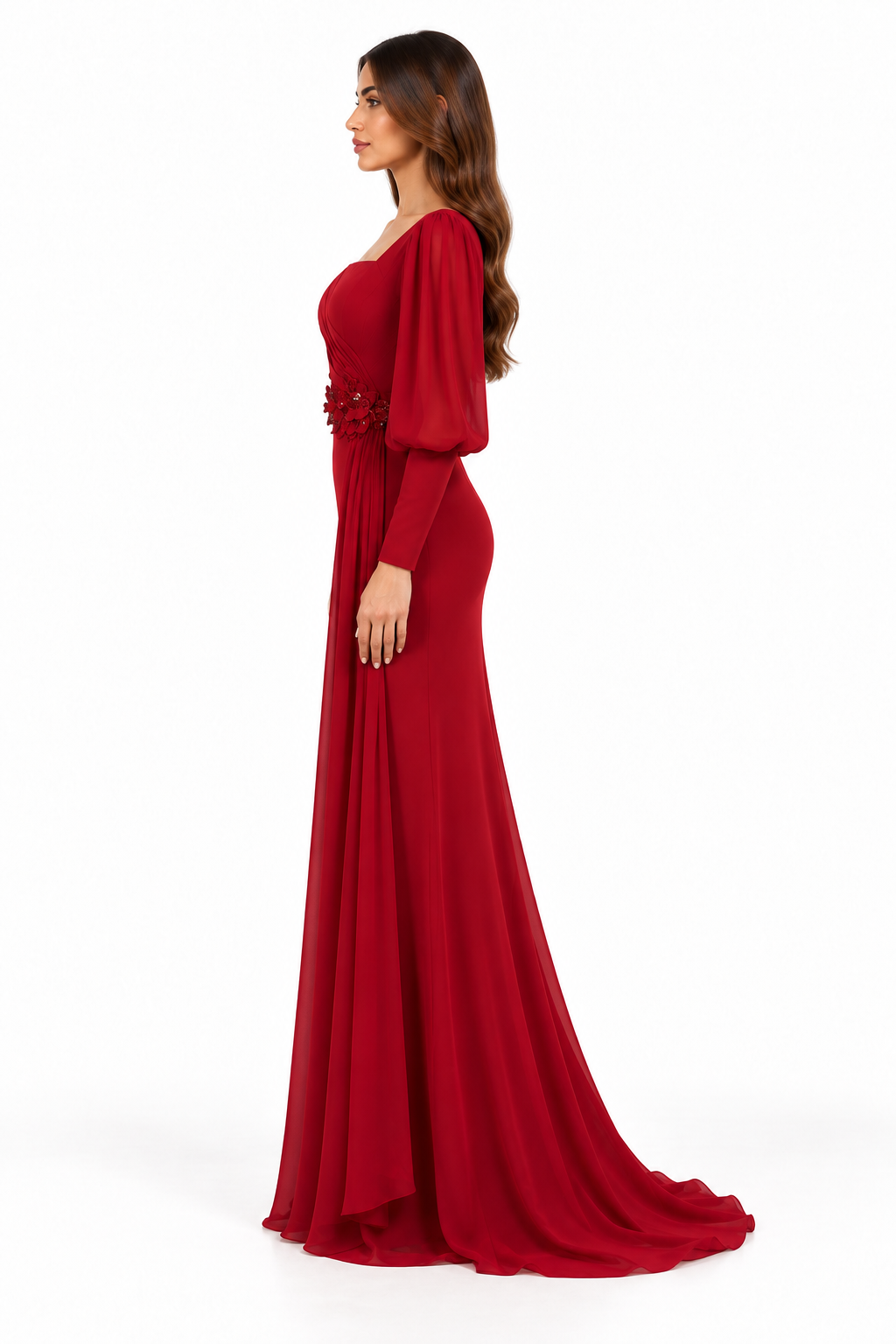 Ruby Red Embellished Puff Sleeve Maxi Dress - Rosalie