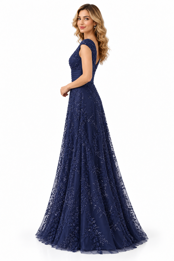Embellished V-Neck Lace Evening Gown - Sapphire