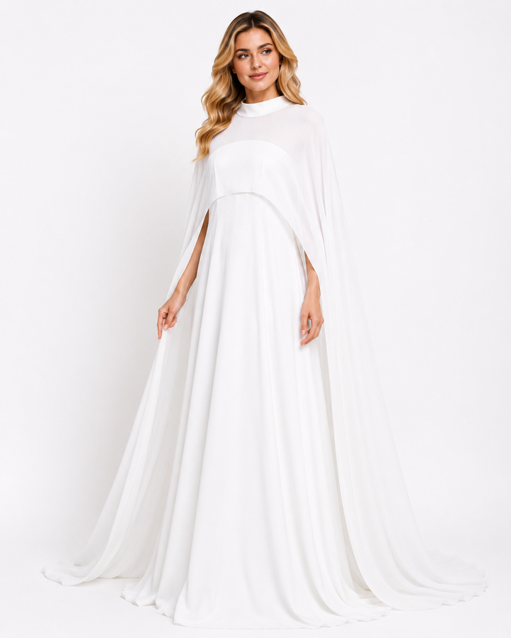 White High-Neck Cape Evening Gown – Serene