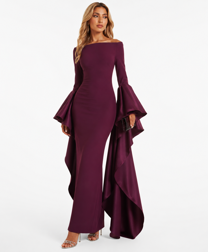 Dramatic Ruffle-Sleeve Gown - Merlot