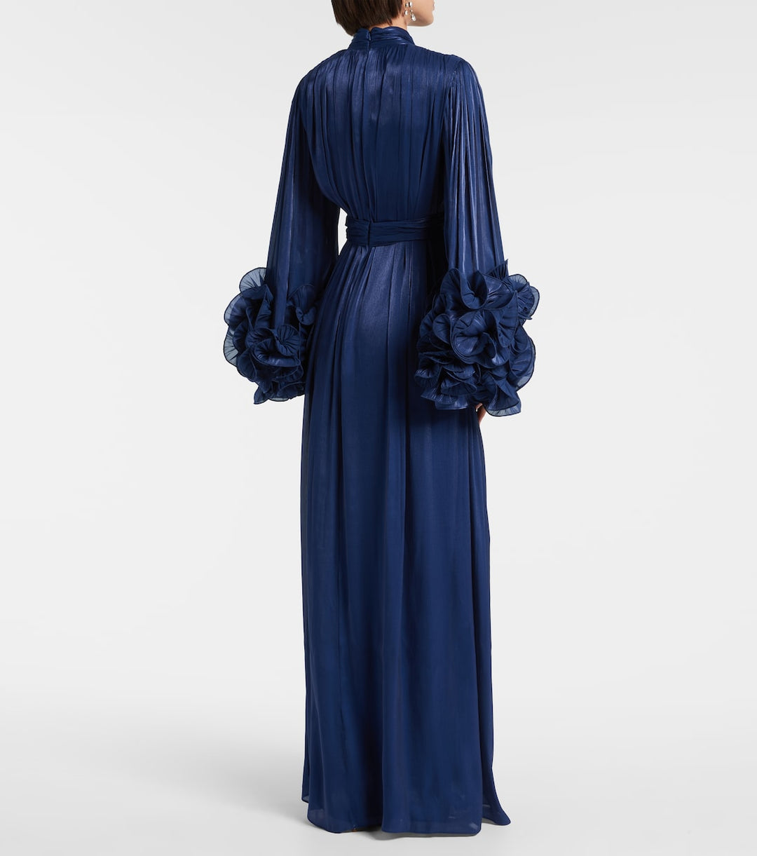pleated satin gown with floral cuff sleeves – AZURE