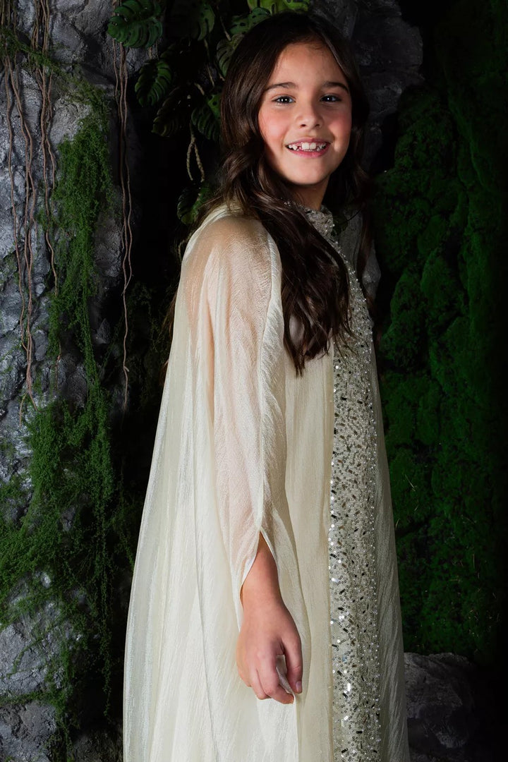 فستان ماكسي عمودي مزين بالترتر مع طبقة شفافة من الكاب - لون وردي فاتح