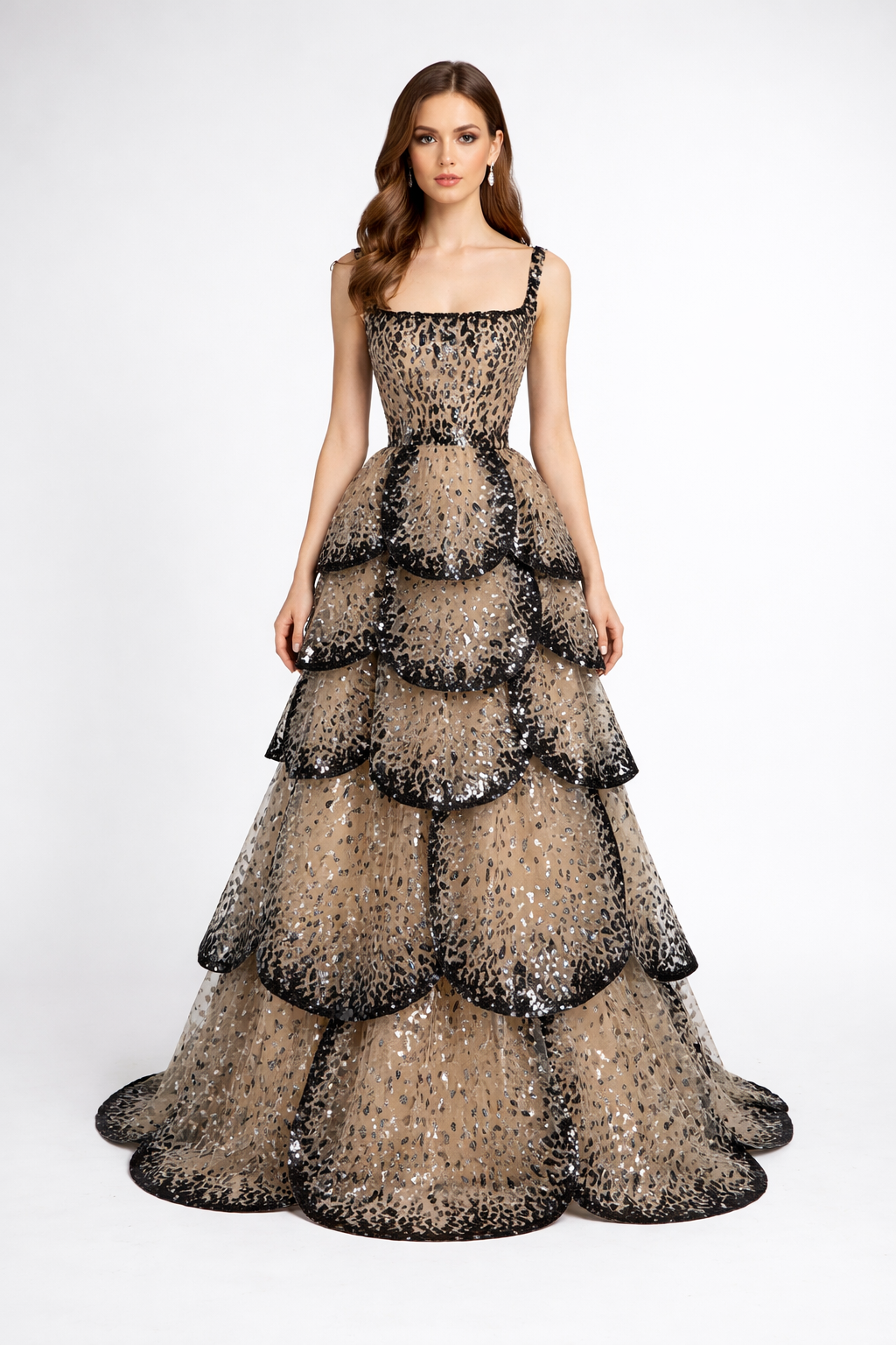 long sleeve ball gown with layered leopard sequin skirt – SAVANNA