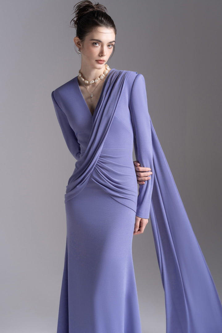 Draped V-neck long-sleeve gown – LAVENYA