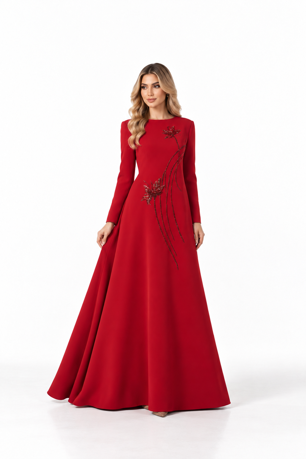 Floral Embellished A-Line Gown - Scarlet