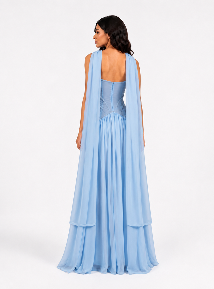 strapless corset dress with flowing chiffon skirt and scarf detail – SKY