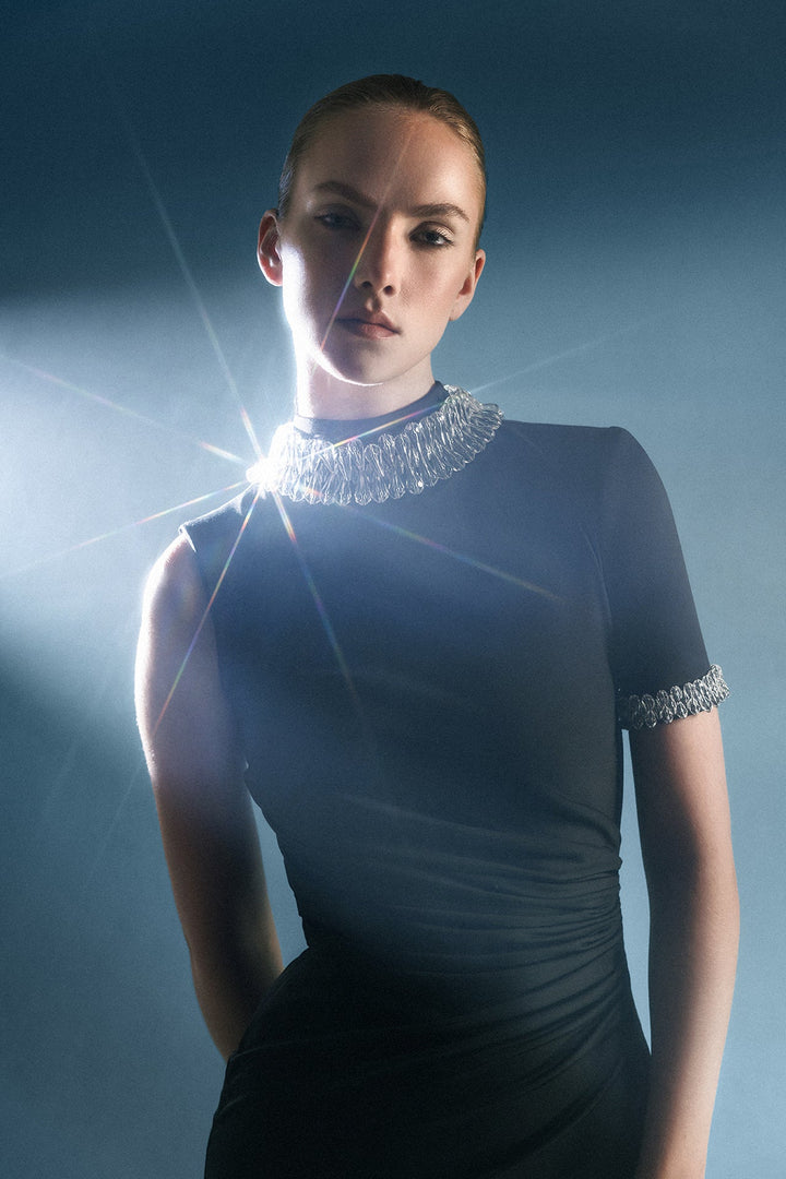 asymmetric crystal-neckline column gown with high slit – NOCTURNA