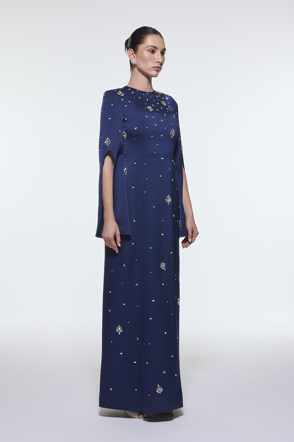 long-sleeve column gown with scattered crystal embellishments – NOIRÉ