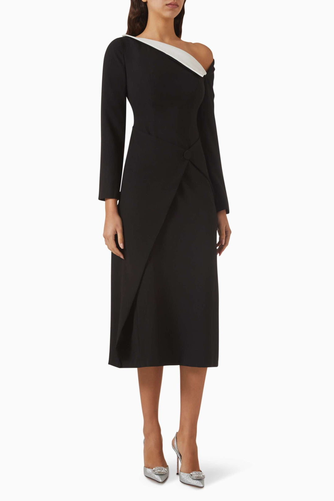 asymmetric long-sleeve wrap dress with contrast neckline – MONIQUE