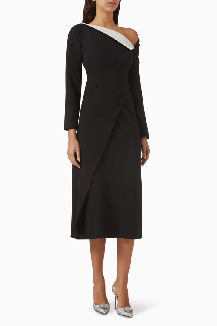 asymmetric long-sleeve wrap dress with contrast neckline – MONIQUE